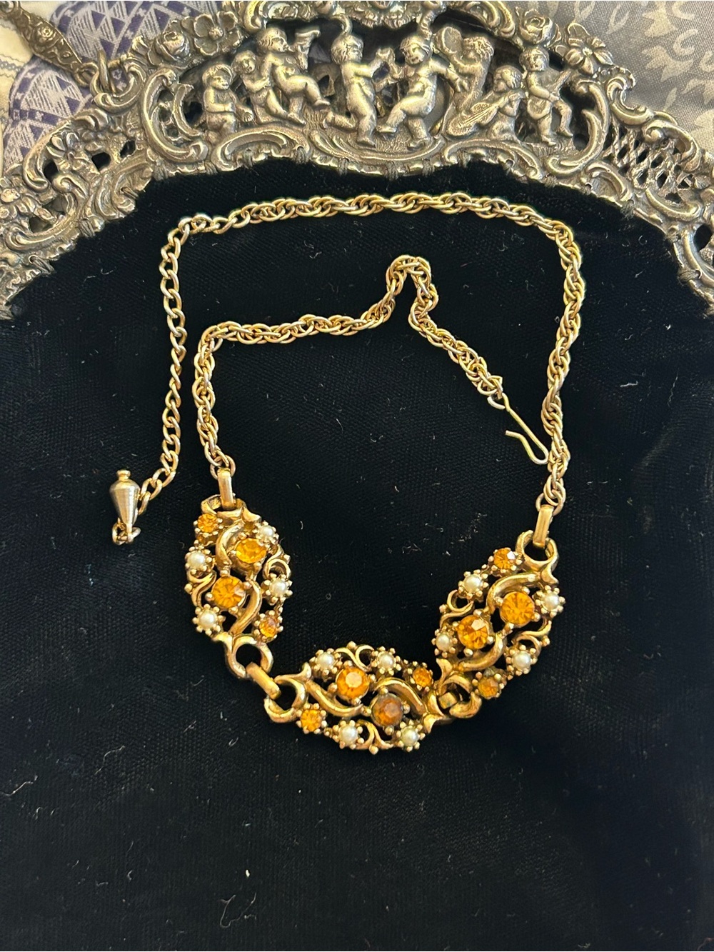 Vintage MCM Topaz/Amber Rhinestone w faux Pearl Gold Tone Choker